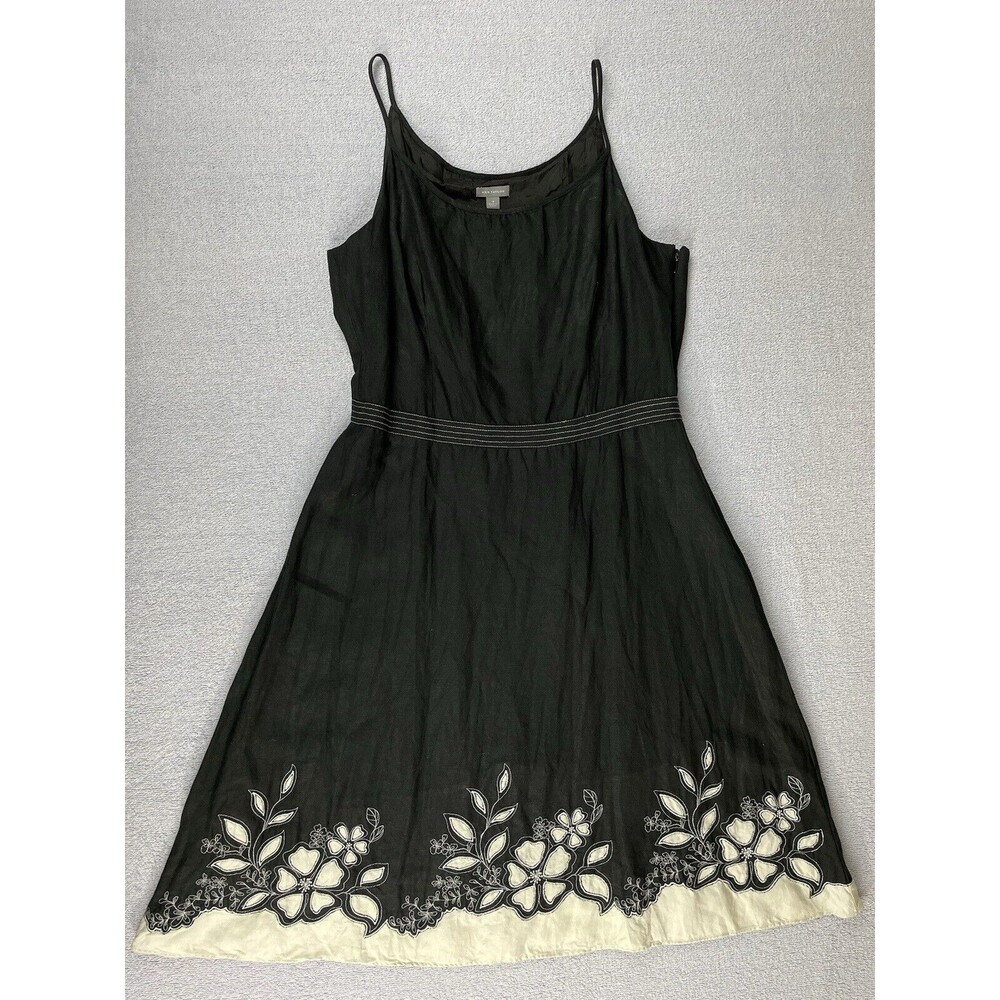 Ann Taylor A-Line Floral Linen Dress Womens 12 Blend Embroidery Sleeveless Lined